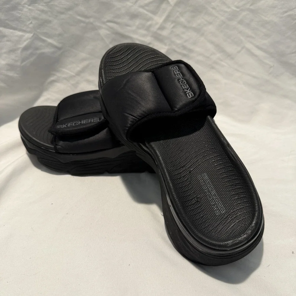 Skechers Black Slide Sandals Wedge Comfort‎ Adjustable Strap Hook & Loop Logo